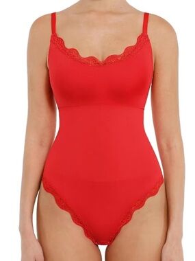 FeelinGirl | Red Lace Trim Bodysuit Cami Shapewear, Thong